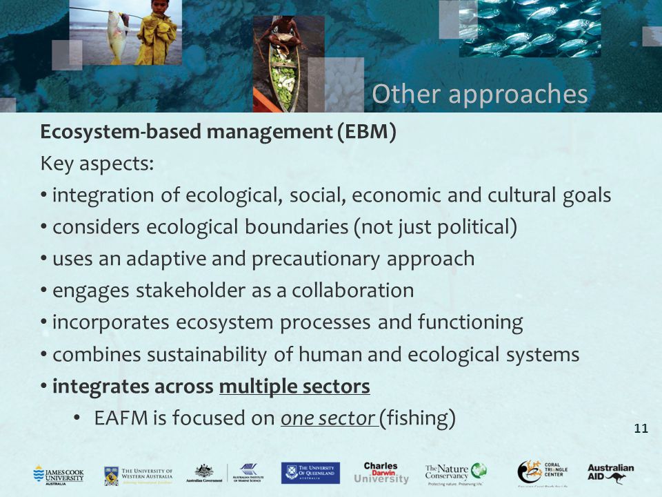11 Other approaches Ecosystem-based management (EBM) Key aspects: integration of ecological, social, economic and cultural goals considers ecological boundaries (not just political) uses an adaptive and precautionary approach engages stakeholder as a collaboration incorporates ecosystem processes and functioning combines sustainability of human and ecological systems integrates across multiple sectors EAFM is focused on one sector (fishing)