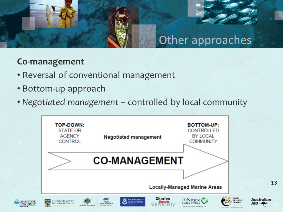 13 Other approaches Co-management Reversal of conventional management Bottom-up approach Negotiated management – controlled by local community