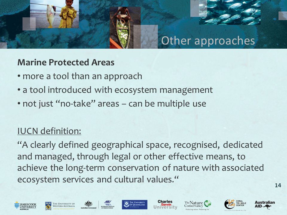 14 Other approaches Marine Protected Areas more a tool than an approach a tool introduced with ecosystem management not just no-take areas – can be multiple use IUCN definition: A clearly defined geographical space, recognised, dedicated and managed, through legal or other effective means, to achieve the long-term conservation of nature with associated ecosystem services and cultural values.
