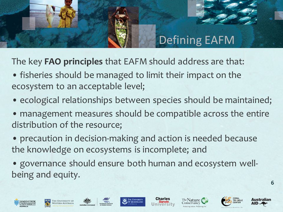 6 Defining EAFM The key FAO principles that EAFM should address are that: fisheries should be managed to limit their impact on the ecosystem to an acceptable level; ecological relationships between species should be maintained; management measures should be compatible across the entire distribution of the resource; precaution in decision-making and action is needed because the knowledge on ecosystems is incomplete; and governance should ensure both human and ecosystem well- being and equity.