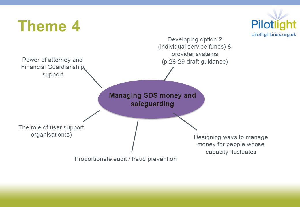Theme 4 Managing SDS money and safeguarding Developing option 2 (individual service funds) & provider systems (p draft guidance) Power of attorney and Financial Guardianship support Designing ways to manage money for people whose capacity fluctuates The role of user support organisation(s) Proportionate audit / fraud prevention