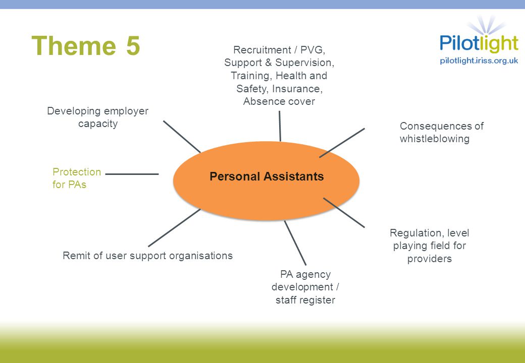 Theme 5 Personal Assistants Recruitment / PVG, Support & Supervision, Training, Health and Safety, Insurance, Absence cover Developing employer capacity Regulation, level playing field for providers Remit of user support organisations PA agency development / staff register Consequences of whistleblowing Protection for PAs