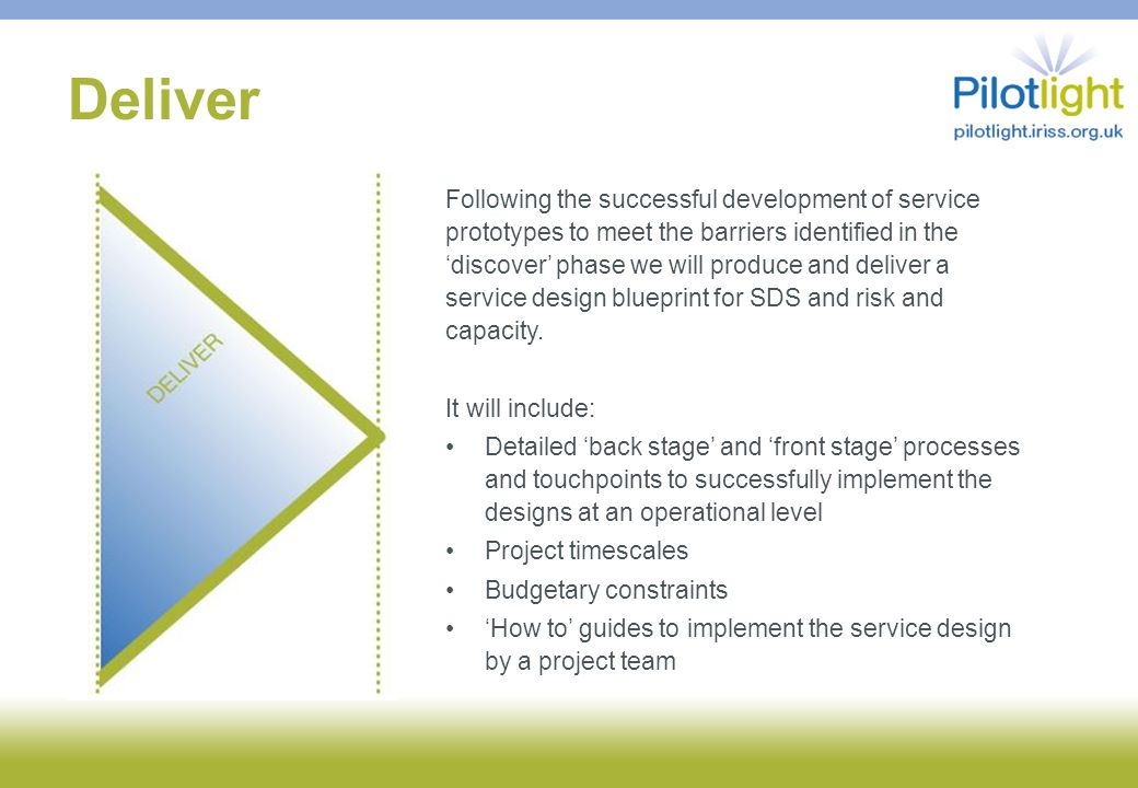 Deliver Following the successful development of service prototypes to meet the barriers identified in the ‘discover’ phase we will produce and deliver a service design blueprint for SDS and risk and capacity.