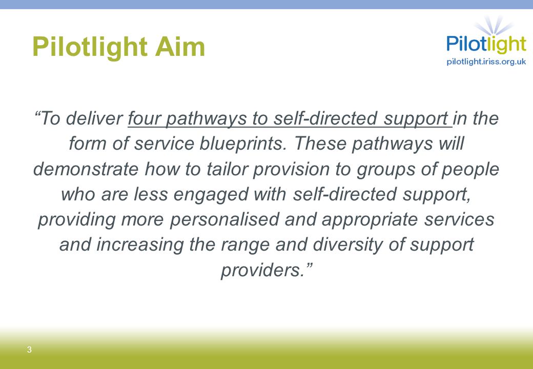 Pilotlight Aim To deliver four pathways to self-directed support in the form of service blueprints.