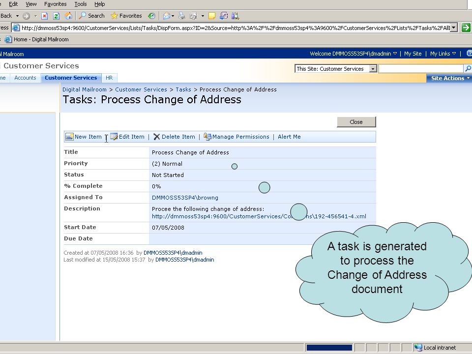 A task is generated to process the Change of Address document