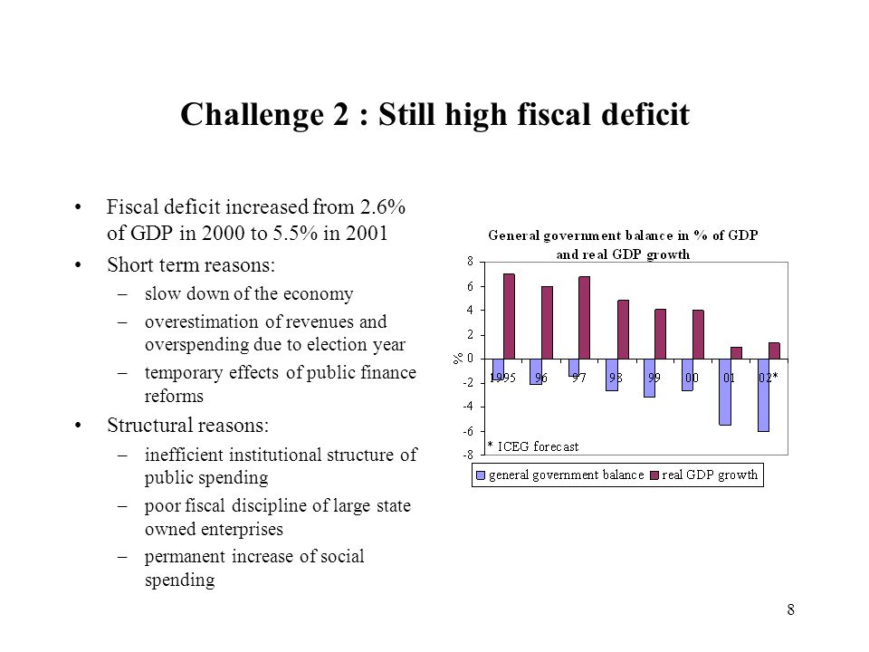8 Challenge 2 : Still high fiscal deficit Fiscal deficit increased from 2.6% of GDP in 2000 to 5.5% in 2001 Short term reasons: –slow down of the economy –overestimation of revenues and overspending due to election year –temporary effects of public finance reforms Structural reasons: –inefficient institutional structure of public spending –poor fiscal discipline of large state owned enterprises –permanent increase of social spending