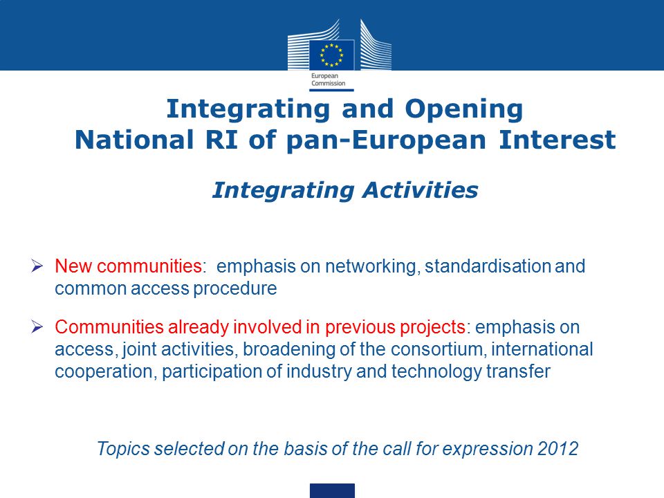 Integrating and Opening National RI of pan-European Interest Integrating Activities  New communities: emphasis on networking, standardisation and common access procedure  Communities already involved in previous projects: emphasis on access, joint activities, broadening of the consortium, international cooperation, participation of industry and technology transfer Topics selected on the basis of the call for expression 2012