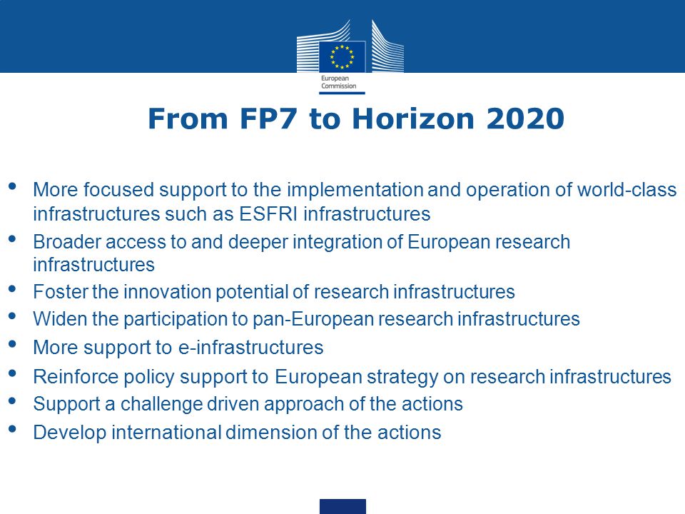 From FP7 to Horizon 2020 More focused support to the implementation and operation of world-class infrastructures such as ESFRI infrastructures Broader access to and deeper integration of European research infrastructures Foster the innovation potential of research infrastructures Widen the participation to pan-European research infrastructures More support to e-infrastructures Reinforce policy support to European strategy on research infrastructures Support a challenge driven approach of the actions Develop international dimension of the actions