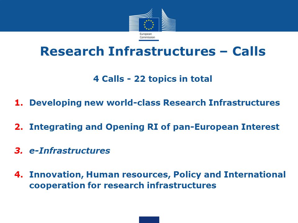 Research Infrastructures – Calls 4 Calls - 22 topics in total 1.Developing new world-class Research Infrastructures 2.Integrating and Opening RI of pan-European Interest 3.e-Infrastructures 4.Innovation, Human resources, Policy and International cooperation for research infrastructures