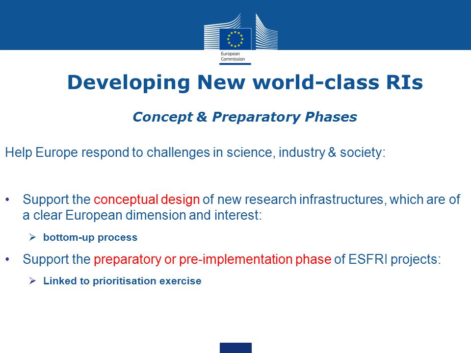 Developing New world-class RIs Concept & Preparatory Phases Help Europe respond to challenges in science, industry & society: Support the conceptual design of new research infrastructures, which are of a clear European dimension and interest:  bottom-up process Support the preparatory or pre-implementation phase of ESFRI projects:  Linked to prioritisation exercise
