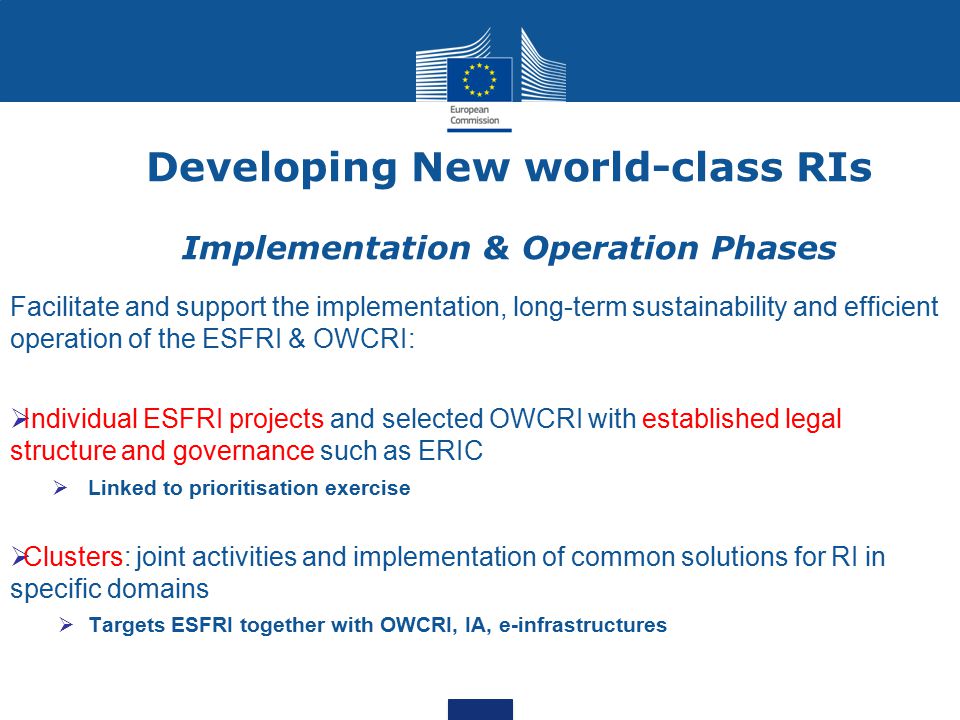 Developing New world-class RIs Implementation & Operation Phases Facilitate and support the implementation, long-term sustainability and efficient operation of the ESFRI & OWCRI:  Individual ESFRI projects and selected OWCRI with established legal structure and governance such as ERIC  Linked to prioritisation exercise  Clusters: joint activities and implementation of common solutions for RI in specific domains  Targets ESFRI together with OWCRI, IA, e-infrastructures