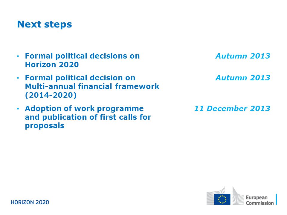 Next steps Formal political decisions on Horizon 2020 Formal political decision on Multi-annual financial framework ( ) Adoption of work programme and publication of first calls for proposals Autumn December 2013