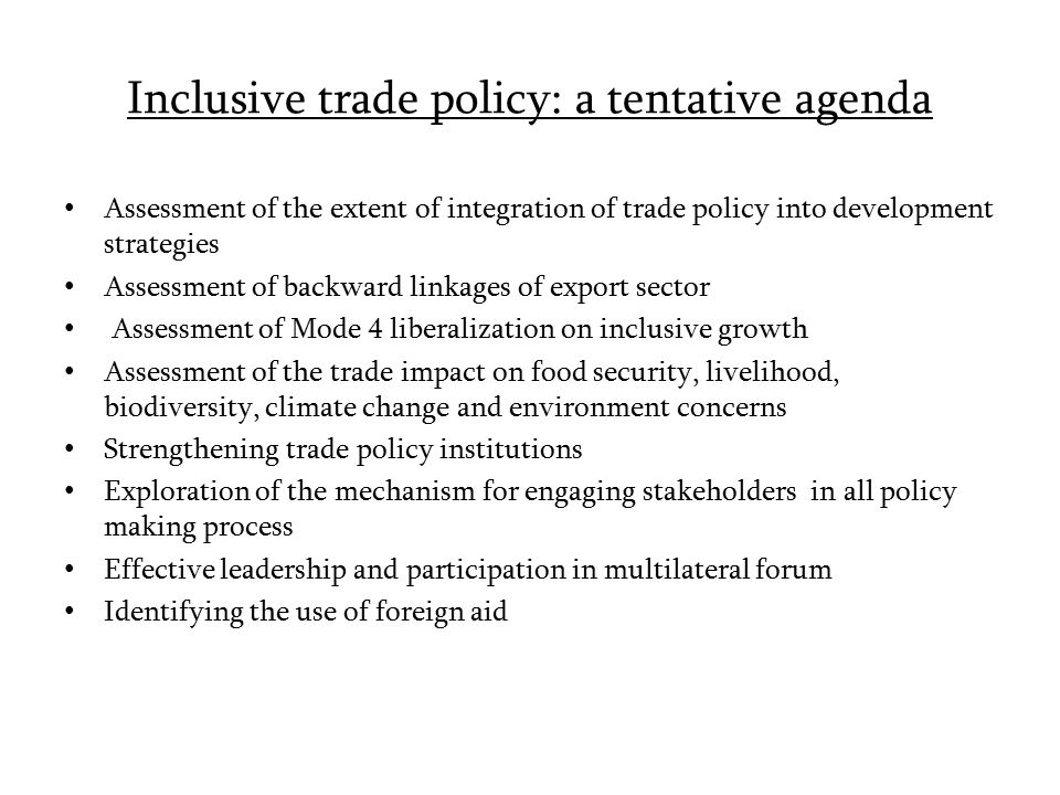 Inclusive trade policy: a tentative agenda Assessment of the extent of integration of trade policy into development strategies Assessment of backward linkages of export sector Assessment of Mode 4 liberalization on inclusive growth Assessment of the trade impact on food security, livelihood, biodiversity, climate change and environment concerns Strengthening trade policy institutions Exploration of the mechanism for engaging stakeholders in all policy making process Effective leadership and participation in multilateral forum Identifying the use of foreign aid