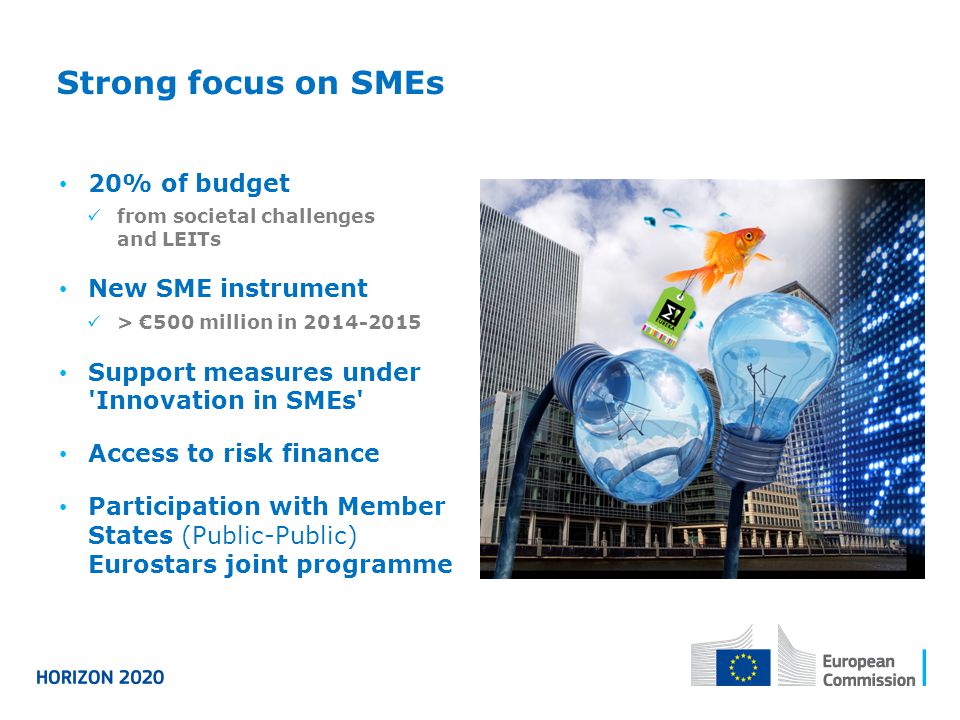 Strong focus on SMEs 20% of budget from societal challenges and LEITs New SME instrument > €500 million in Support measures under Innovation in SMEs Access to risk finance Participation with Member States (Public-Public) Eurostars joint programme