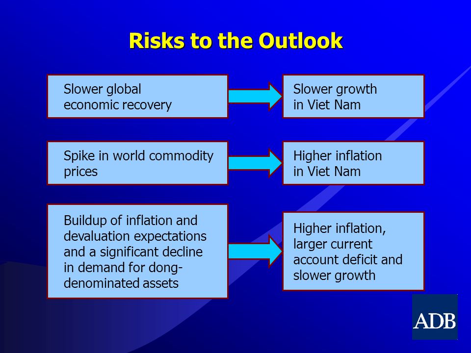 Risks to the Outlook Slower global economic recovery Slower growth in Viet Nam Spike in world commodity prices Higher inflation in Viet Nam Buildup of inflation and devaluation expectations and a significant decline in demand for dong- denominated assets Higher inflation, larger current account deficit and slower growth