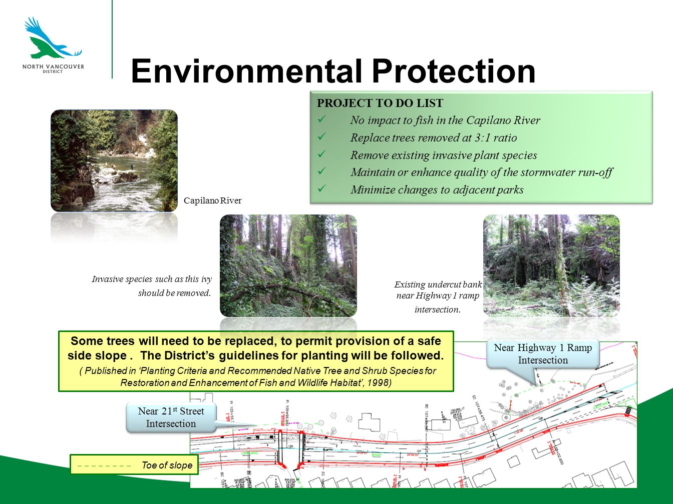 Environmental Protection PROJECT TO DO LIST No impact to fish in the Capilano River Replace trees removed at 3:1 ratio Remove existing invasive plant species Maintain or enhance quality of the stormwater run-off Minimize changes to adjacent parks PROJECT TO DO LIST No impact to fish in the Capilano River Replace trees removed at 3:1 ratio Remove existing invasive plant species Maintain or enhance quality of the stormwater run-off Minimize changes to adjacent parks Capilano River Near 21 st Street Intersection Near Highway 1 Ramp Intersection Some trees will need to be replaced, to permit provision of a safe side slope.