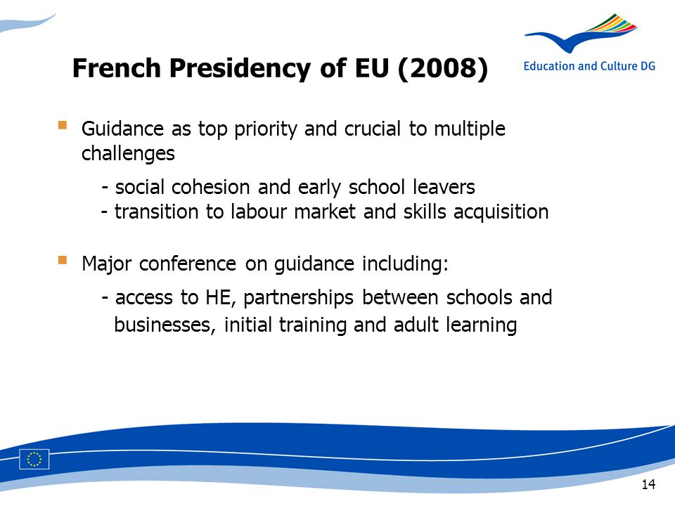 14  Guidance as top priority and crucial to multiple challenges - social cohesion and early school leavers - transition to labour market and skills acquisition  Major conference on guidance including: - access to HE, partnerships between schools and businesses, initial training and adult learning French Presidency of EU (2008)