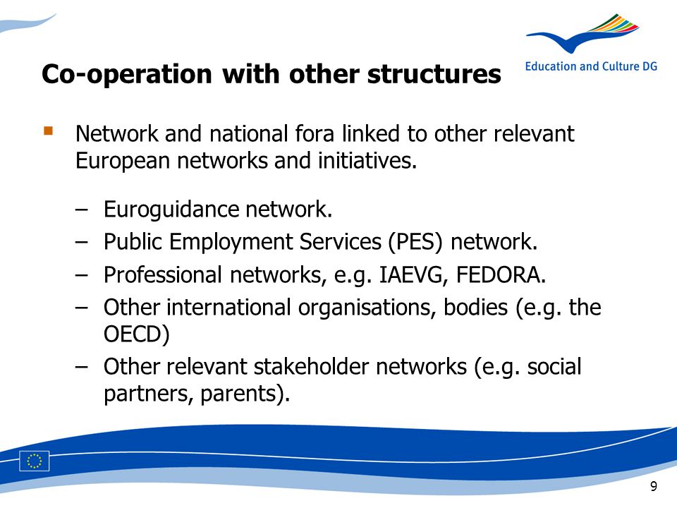 9 Co-operation with other structures  Network and national fora linked to other relevant European networks and initiatives.