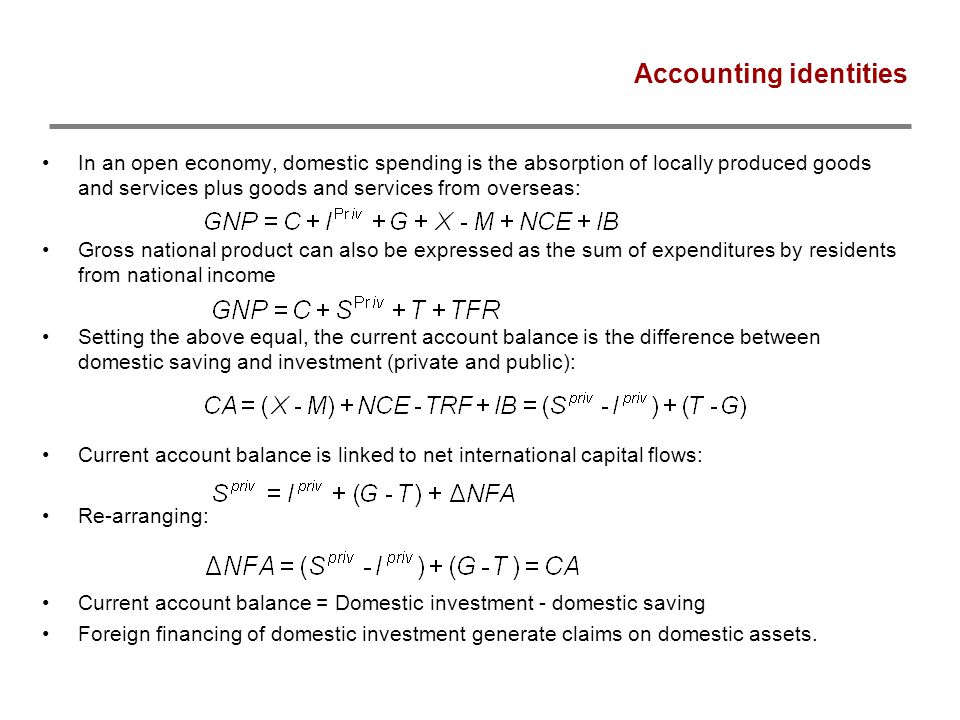 Accounting identities In an open economy, domestic spending is the absorption of locally produced goods and services plus goods and services from overseas: Gross national product can also be expressed as the sum of expenditures by residents from national income Setting the above equal, the current account balance is the difference between domestic saving and investment (private and public): Current account balance is linked to net international capital flows: Re-arranging: Current account balance = Domestic investment - domestic saving Foreign financing of domestic investment generate claims on domestic assets.