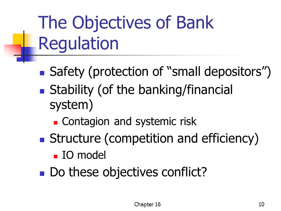Chapter 1610 The Objectives of Bank Regulation Safety (protection of small depositors ) Stability (of the banking/financial system) Contagion and systemic risk Structure (competition and efficiency) IO model Do these objectives conflict