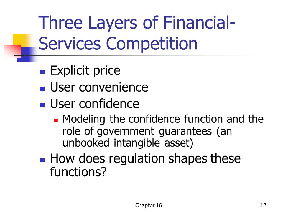 Chapter 1612 Three Layers of Financial- Services Competition Explicit price User convenience User confidence Modeling the confidence function and the role of government guarantees (an unbooked intangible asset) How does regulation shapes these functions