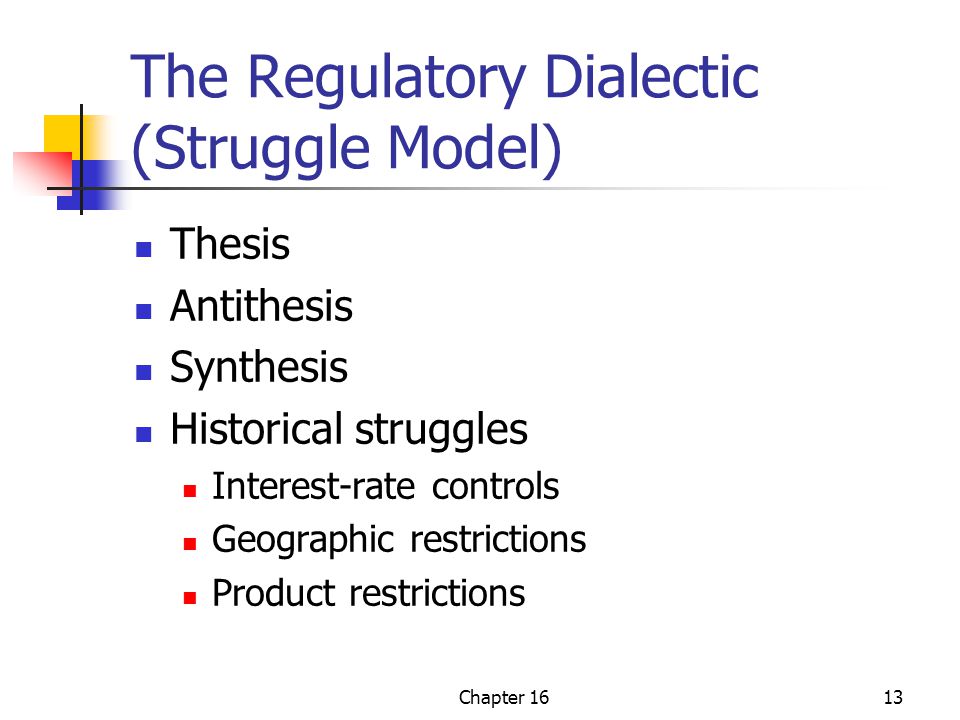 Chapter 1613 The Regulatory Dialectic (Struggle Model) Thesis Antithesis Synthesis Historical struggles Interest-rate controls Geographic restrictions Product restrictions