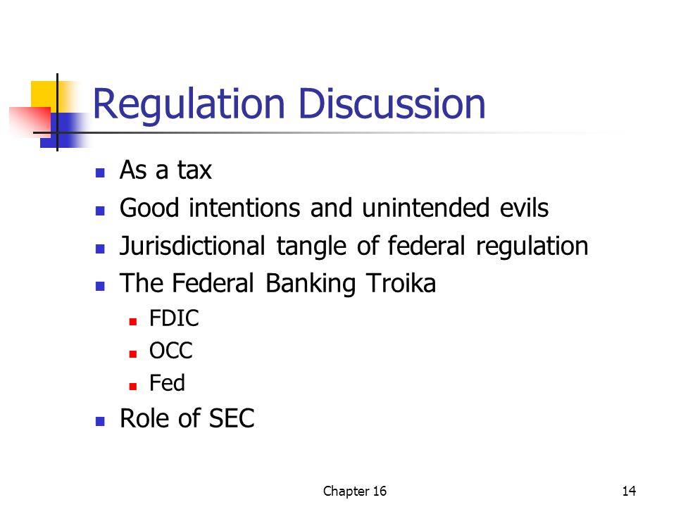 Chapter 1614 Regulation Discussion As a tax Good intentions and unintended evils Jurisdictional tangle of federal regulation The Federal Banking Troika FDIC OCC Fed Role of SEC