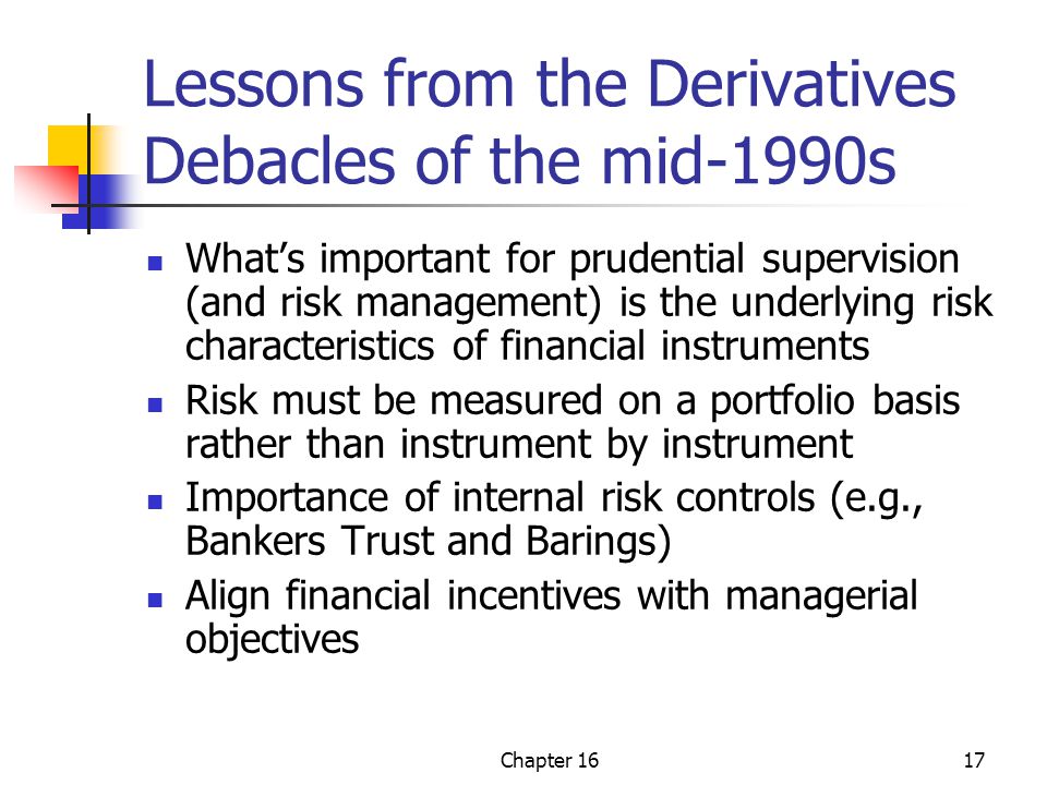 Chapter 1617 Lessons from the Derivatives Debacles of the mid-1990s What’s important for prudential supervision (and risk management) is the underlying risk characteristics of financial instruments Risk must be measured on a portfolio basis rather than instrument by instrument Importance of internal risk controls (e.g., Bankers Trust and Barings) Align financial incentives with managerial objectives