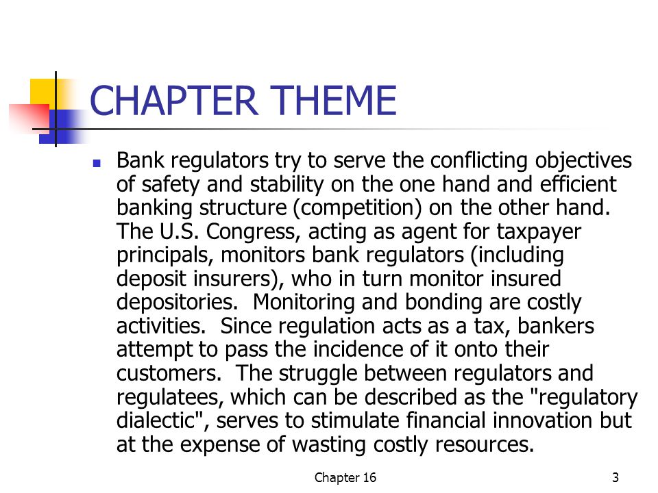 Chapter 163 CHAPTER THEME Bank regulators try to serve the conflicting objectives of safety and stability on the one hand and efficient banking structure (competition) on the other hand.