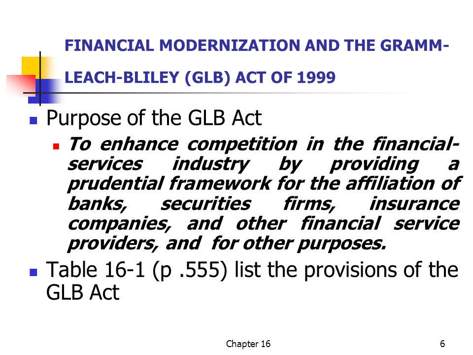 Chapter 166 FINANCIAL MODERNIZATION AND THE GRAMM- LEACH-BLILEY (GLB) ACT OF 1999 Purpose of the GLB Act To enhance competition in the financial- services industry by providing a prudential framework for the affiliation of banks, securities firms, insurance companies, and other financial service providers, and for other purposes.