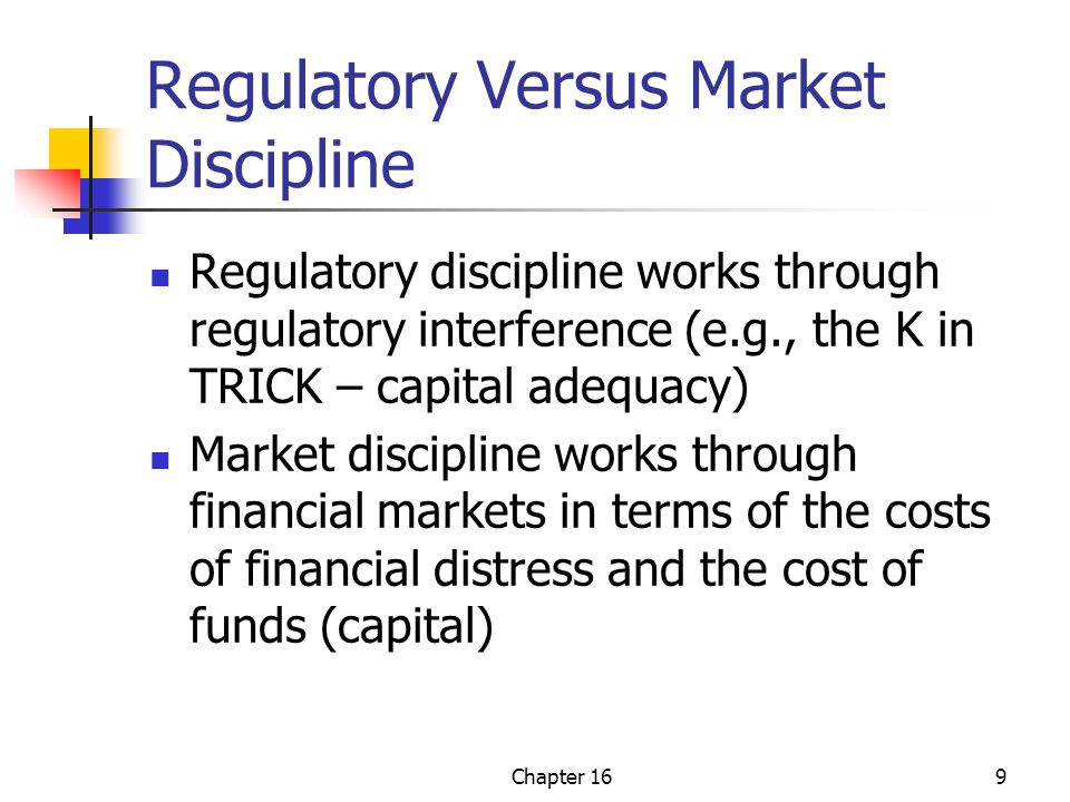 Chapter 169 Regulatory Versus Market Discipline Regulatory discipline works through regulatory interference (e.g., the K in TRICK – capital adequacy) Market discipline works through financial markets in terms of the costs of financial distress and the cost of funds (capital)