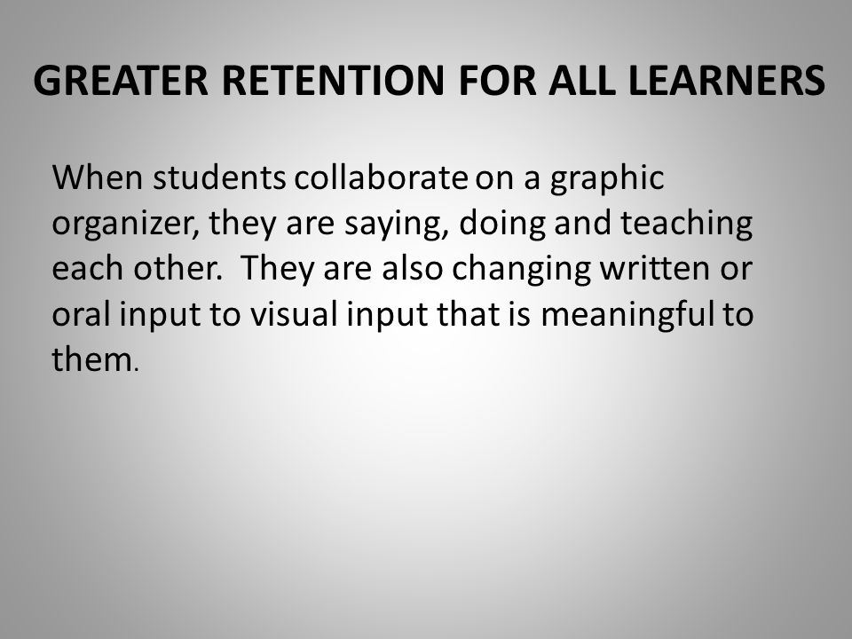 GREATER RETENTION FOR ALL LEARNERS When students collaborate on a graphic organizer, they are saying, doing and teaching each other.
