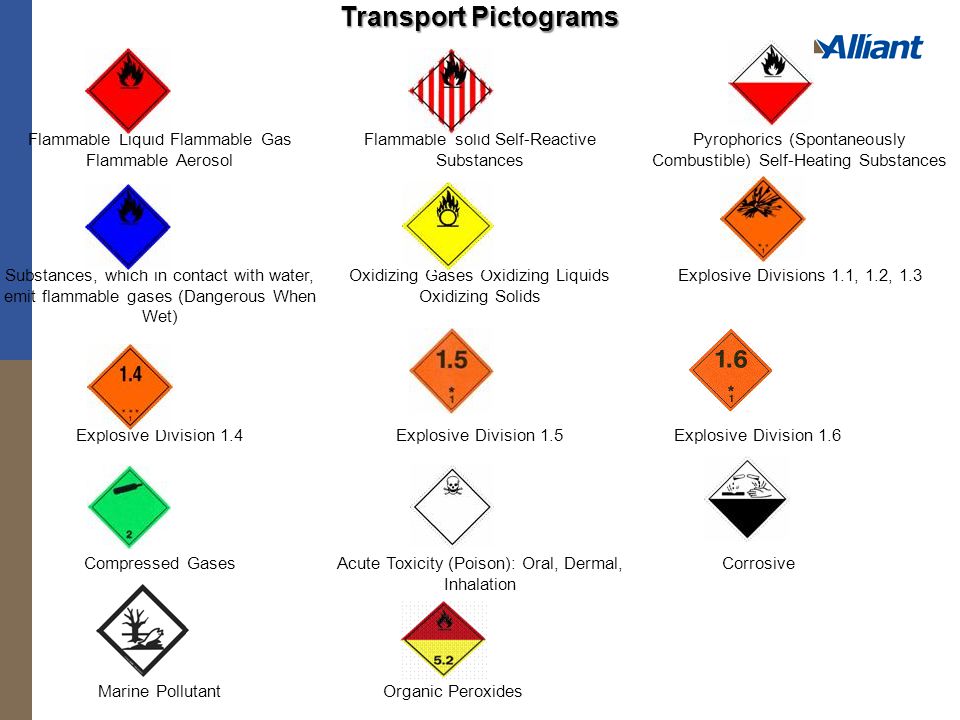 Transport Pictograms Flammable Liquid Flammable Gas Flammable Aerosol Flammable solid Self-Reactive Substances Pyrophorics (Spontaneously Combustible) Self-Heating Substances Substances, which in contact with water, emit flammable gases (Dangerous When Wet) Oxidizing Gases Oxidizing Liquids Oxidizing Solids Explosive Divisions 1.1, 1.2, 1.3 Explosive Division 1.4Explosive Division 1.5 Explosive Division 1.6 Compressed GasesAcute Toxicity (Poison): Oral, Dermal, Inhalation Corrosive Marine Pollutant Organic Peroxides