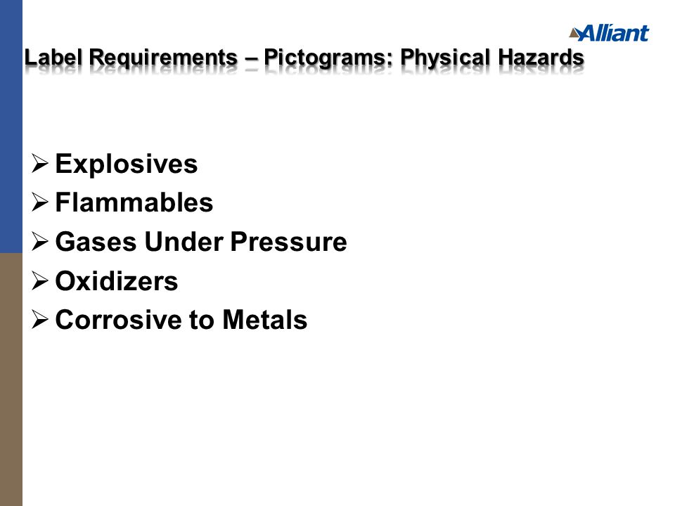  Explosives  Flammables  Gases Under Pressure  Oxidizers  Corrosive to Metals