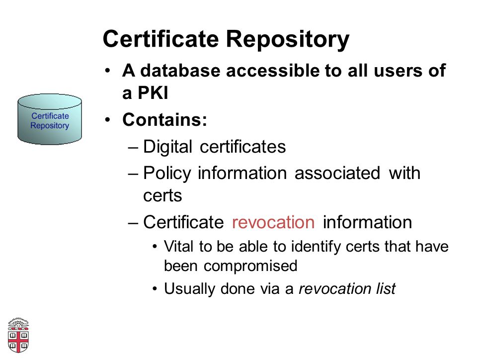 Certificate Repository A database accessible to all users of a PKI Contains: –Digital certificates –Policy information associated with certs –Certificate revocation information Vital to be able to identify certs that have been compromised Usually done via a revocation list