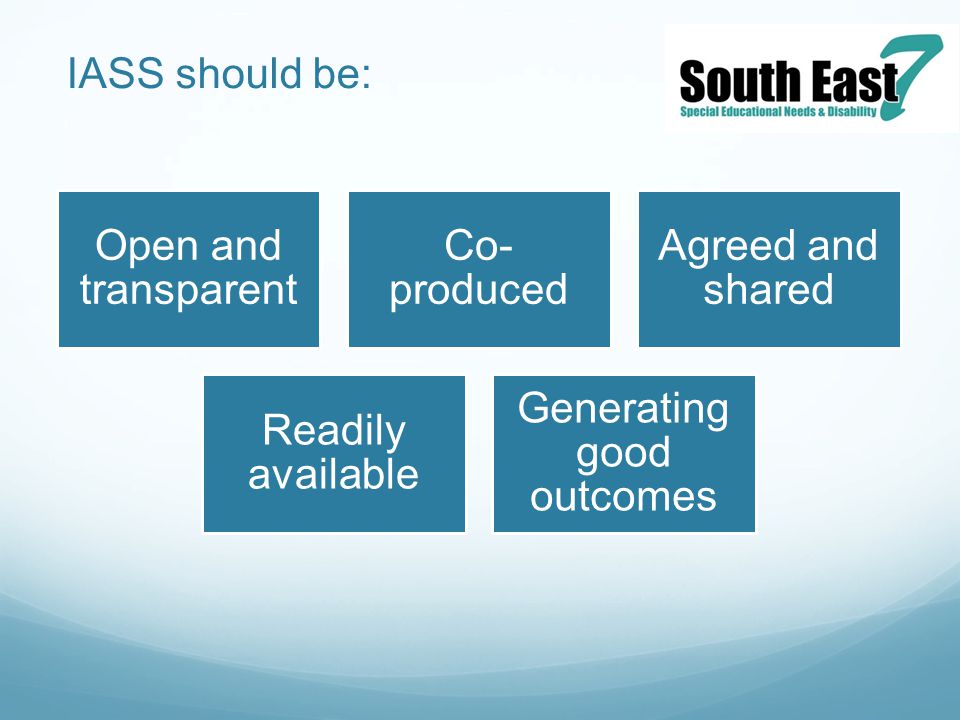 IASS should be: Open and transparent Co- produced Agreed and shared Readily available Generating good outcomes