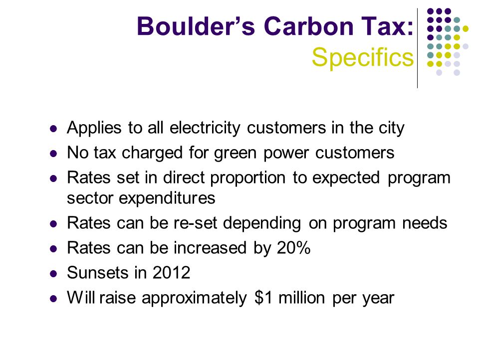 Boulder’s Carbon Tax: Specifics Applies to all electricity customers in the city No tax charged for green power customers Rates set in direct proportion to expected program sector expenditures Rates can be re-set depending on program needs Rates can be increased by 20% Sunsets in 2012 Will raise approximately $1 million per year