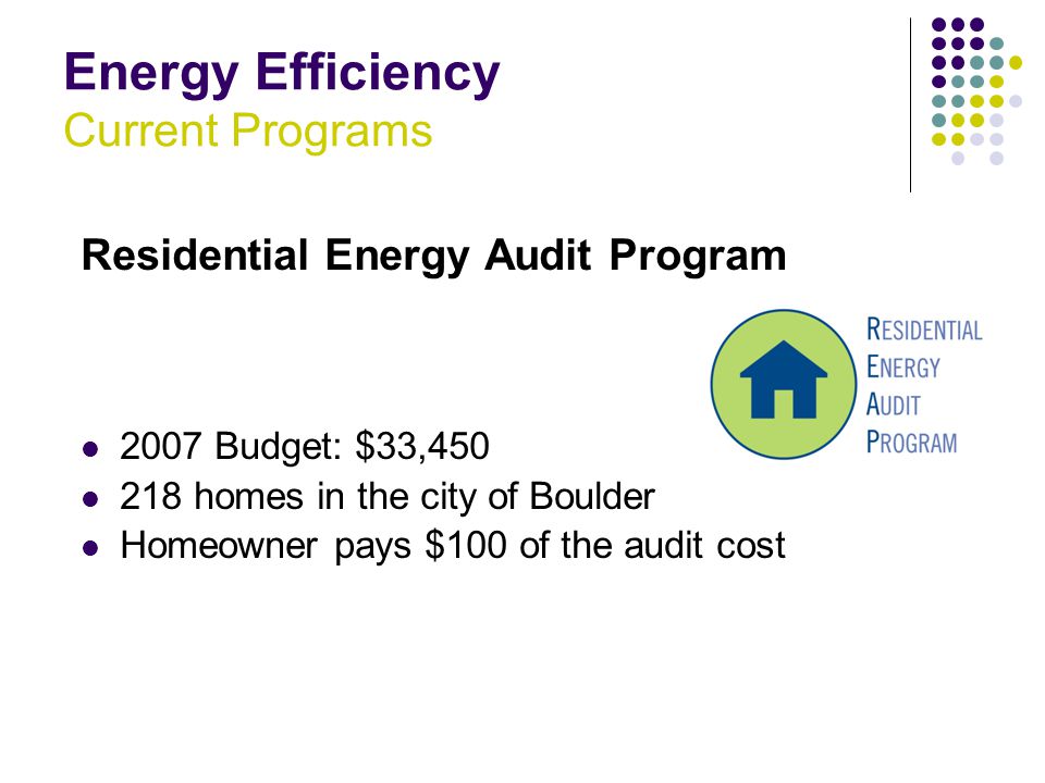Energy Efficiency Current Programs Residential Energy Audit Program 2007 Budget: $33, homes in the city of Boulder Homeowner pays $100 of the audit cost