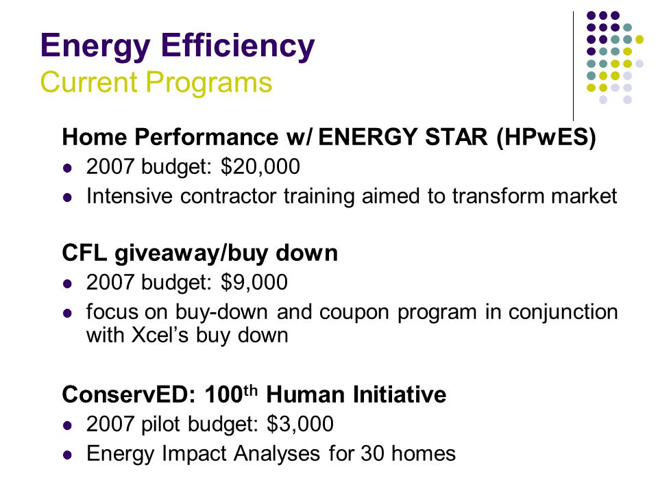 Energy Efficiency Current Programs Home Performance w/ ENERGY STAR (HPwES) 2007 budget: $20,000 Intensive contractor training aimed to transform market CFL giveaway/buy down 2007 budget: $9,000 focus on buy-down and coupon program in conjunction with Xcel’s buy down ConservED: 100 th Human Initiative 2007 pilot budget: $3,000 Energy Impact Analyses for 30 homes