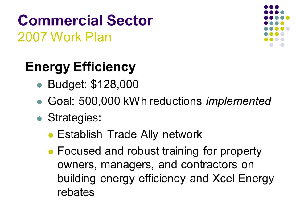 Commercial Sector 2007 Work Plan Energy Efficiency Budget: $128,000 Goal: 500,000 kWh reductions implemented Strategies: Establish Trade Ally network Focused and robust training for property owners, managers, and contractors on building energy efficiency and Xcel Energy rebates