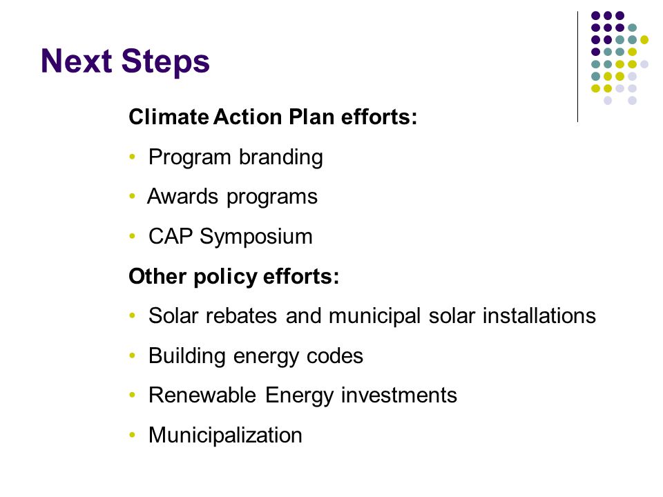 Next Steps Climate Action Plan efforts: Program branding Awards programs CAP Symposium Other policy efforts: Solar rebates and municipal solar installations Building energy codes Renewable Energy investments Municipalization