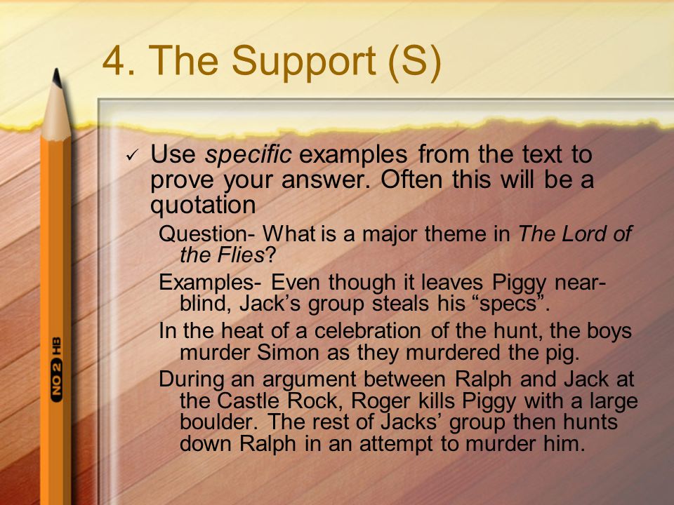 4. The Support (S) Use specific examples from the text to prove your answer.