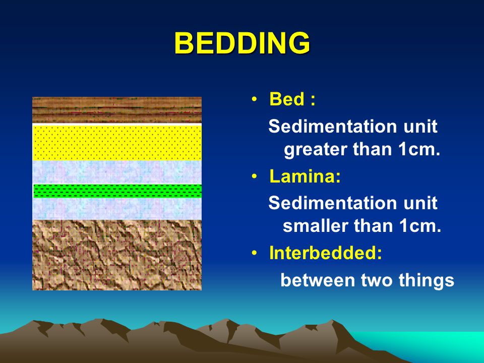 NOTES ON APPLIED GEOLOGY. BEDDING Bed : Sedimentation unit greater than  1cm. Lamina: Sedimentation unit smaller than 1cm. Interbedded: between two  things. - ppt download