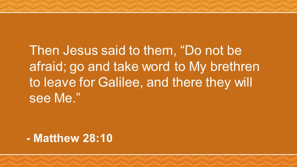 Then Jesus said to them, Do not be afraid; go and take word to My brethren to leave for Galilee, and there they will see Me. - Matthew 28:10