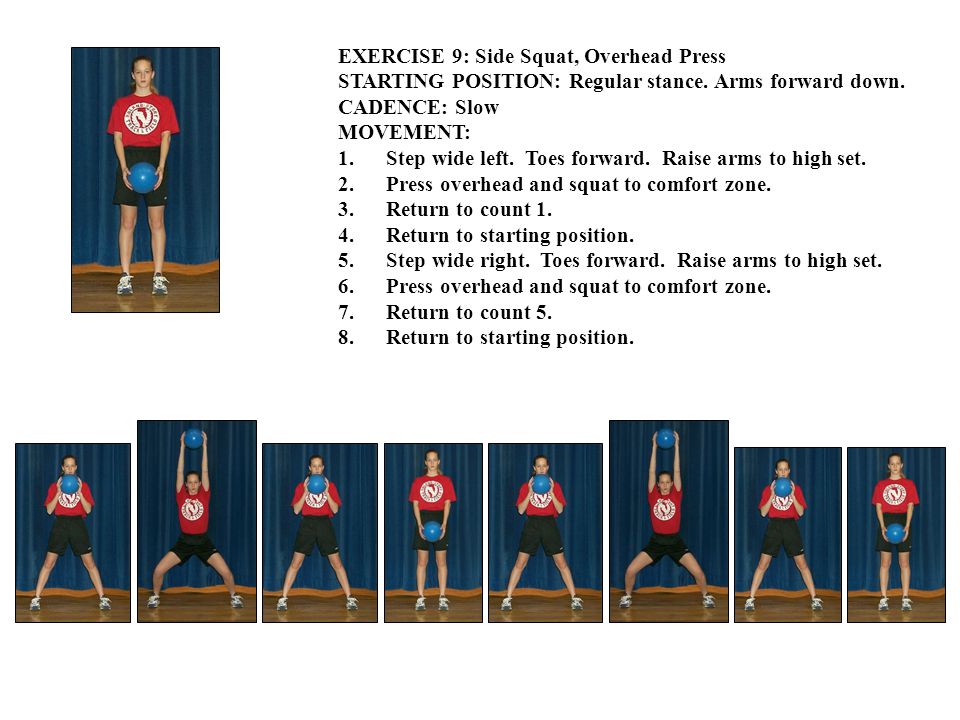 EXERCISE 9: Side Squat, Overhead Press STARTING POSITION: Regular stance.