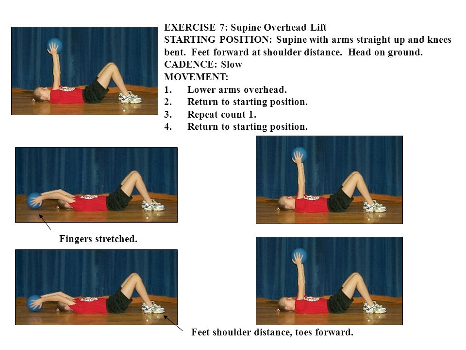 EXERCISE 7: Supine Overhead Lift STARTING POSITION: Supine with arms straight up and knees bent.