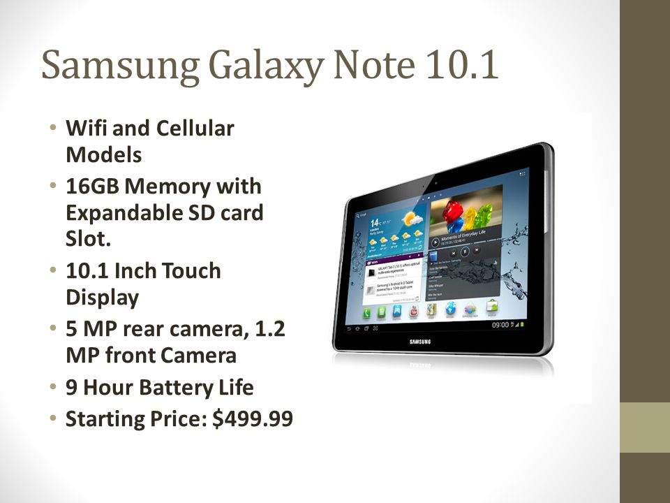 Samsung Galaxy Note 10.1 Wifi and Cellular Models 16GB Memory with Expandable SD card Slot.
