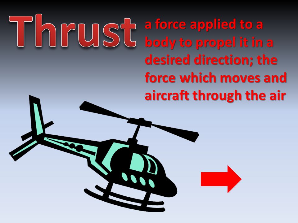 a force applied to a body to propel it in a desired direction; the force which moves and aircraft through the air