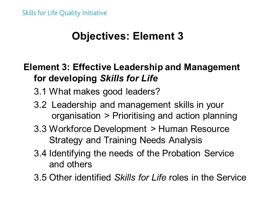 Objectives: Element 3 Element 3: Effective Leadership and Management for developing Skills for Life 3.1 What makes good leaders.