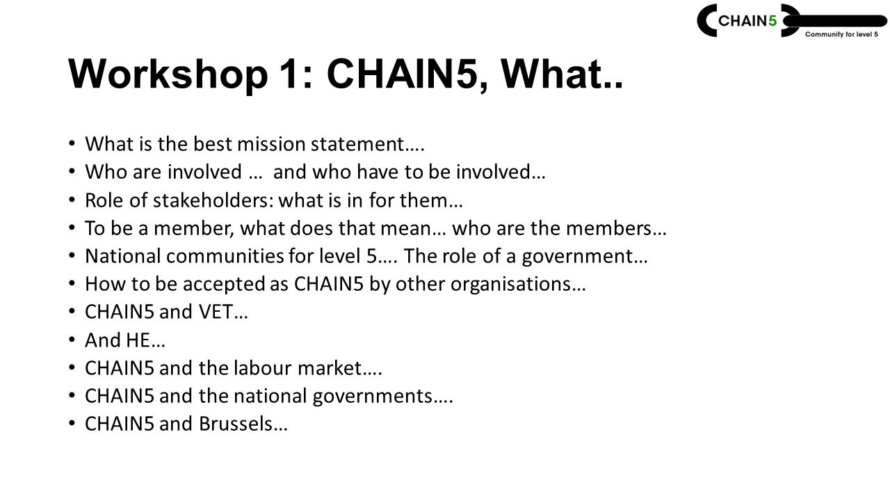 Workshop 1: CHAIN5, What.. What is the best mission statement….
